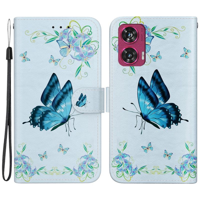 Flip Cover Til Motorola Edge 50 Fusion Blå Sommerfugl Og Blomster Med Rem