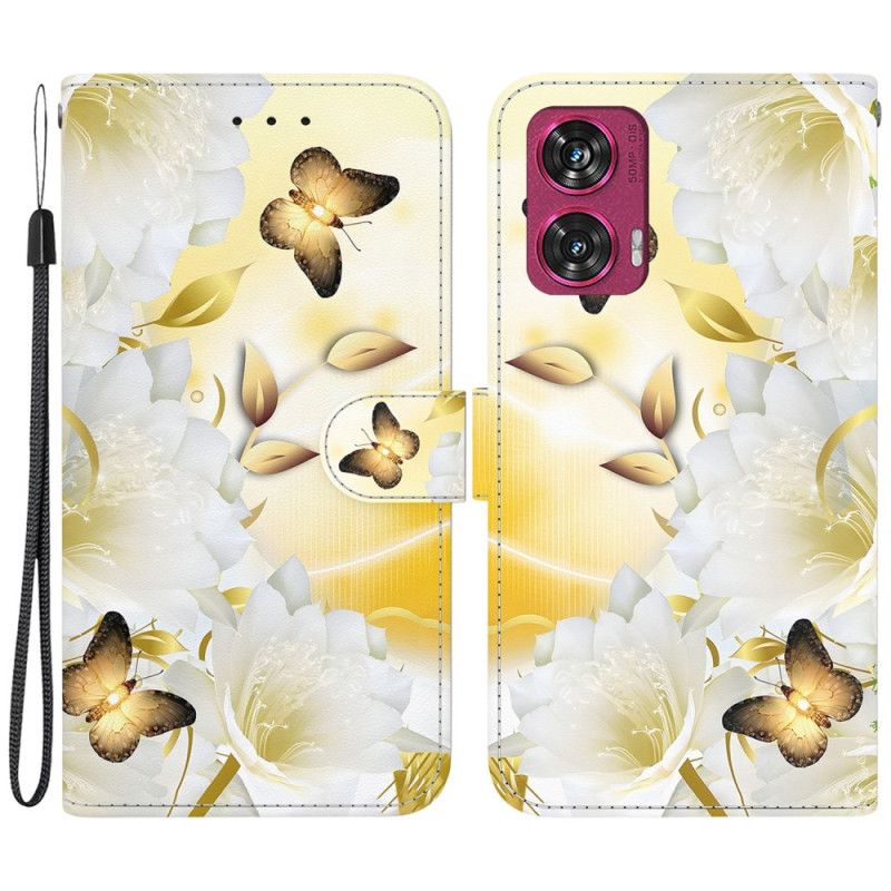 Læder Cover Motorola Edge 50 Fusion Gyldne Sommerfugle Og Hvide Blomster Med Rem