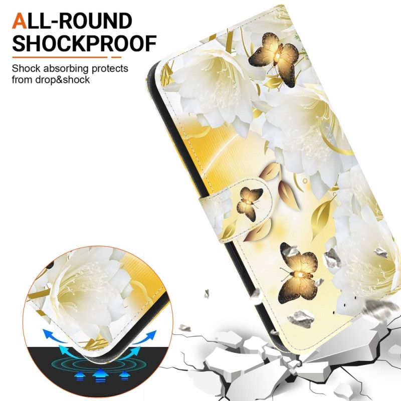 Læder Cover Motorola Edge 50 Fusion Gyldne Sommerfugle Og Hvide Blomster Med Rem