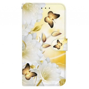 Flip Cover Oppo Reno 12f 5g Gyldne Sommerfugle Og Blomster Med Rem