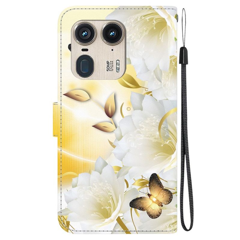 Flip Cover Til Motorola Edge 50 Ultra Gyldne Sommerfugle Og Hvide Blomster Med Rem