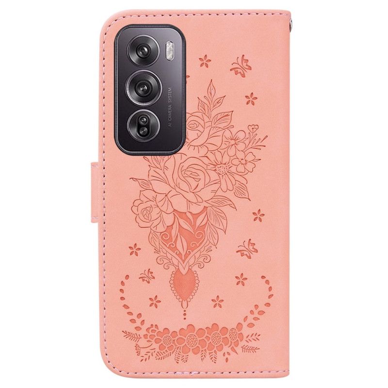 Læder Cover Oppo Reno 12 Pro 5g Telefon Etui Sommerfugle Og Blomster Tryk