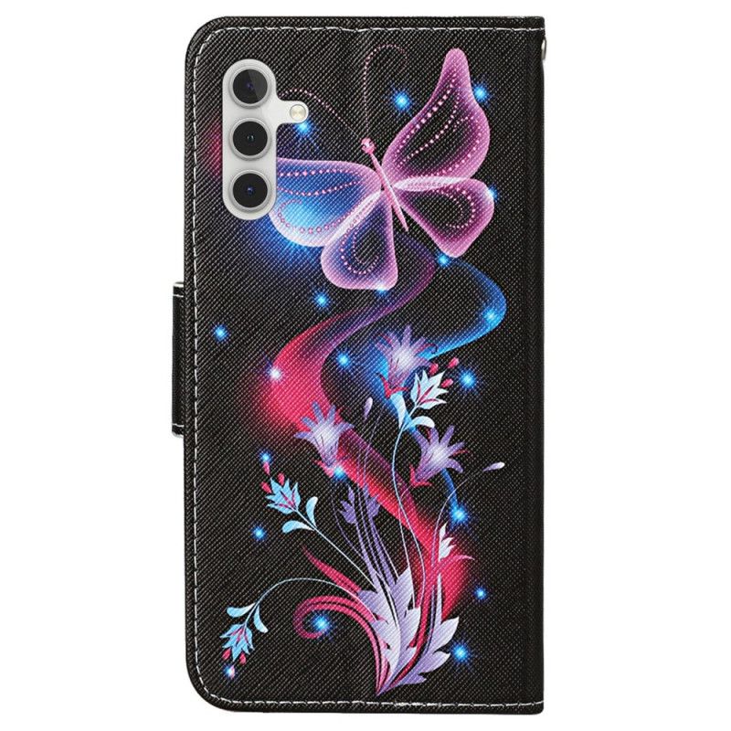 Flip Cover Samsung Galaxy A15 5g Fluorescerende Sommerfugle Med Rem