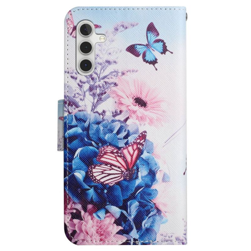 Flip Cover Samsung Galaxy A15 5g Lilla Sommerfugle Og Snor