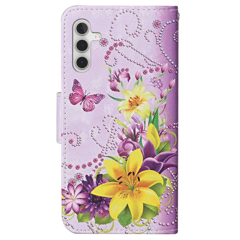 Flip Cover Til Samsung Galaxy A15 5g Gule Blomster Og Sommerfugle Med Rem