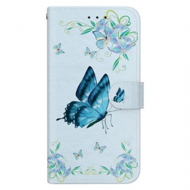 Læder Cover Honor X9b / Magic 6 Lite Telefon Etui Blå Sommerfugle Og Blomster