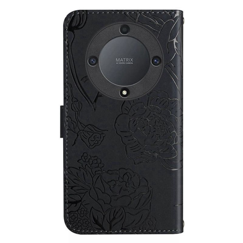 Læder Cover Honor X9b / Magic 6 Lite Telefon Etui Sommerfugletryk Med Rem