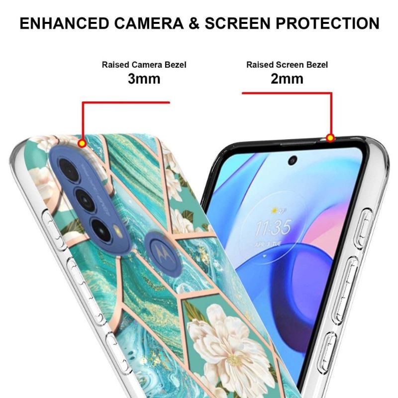 Cover Motorola Moto E20 / E30 / E40 Marmor Og Hvide Blomster