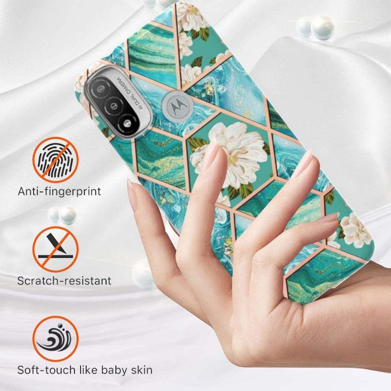 Cover Motorola Moto E20 / E30 / E40 Marmor Og Hvide Blomster