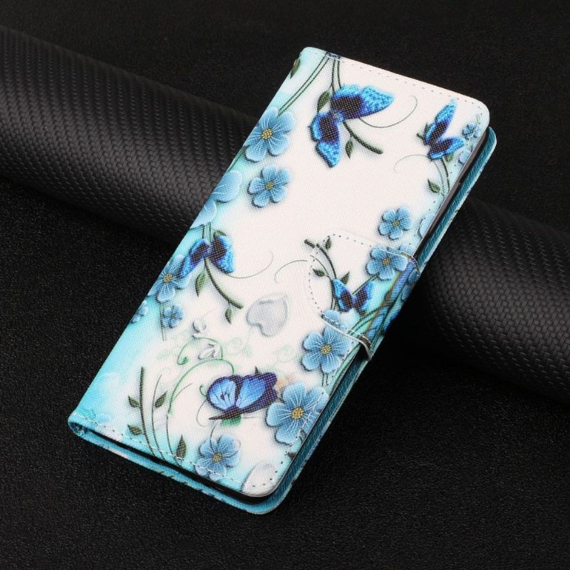 Flip Cover Samsung Galaxy A22 4G Hemming Blå Blomster Og Sommerfugle