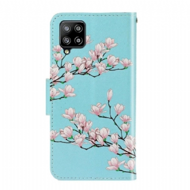 Læder Cover Samsung Galaxy A22 4G Original Hvide Blomster