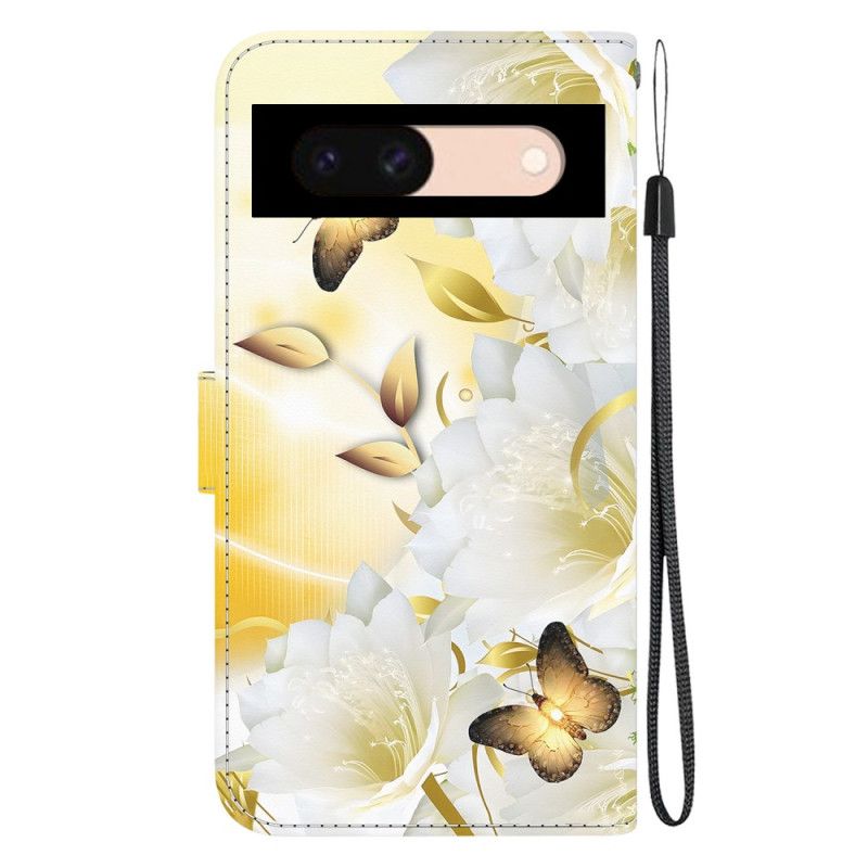 Flip Cover Google Pixel 8a Gyldne Sommerfugle Og Hvide Blomster Med Rem