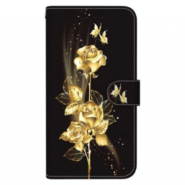 Læder Cover Google Pixel 8a Telefon Etui Guld Og Rose Sommerfugle Med Rem