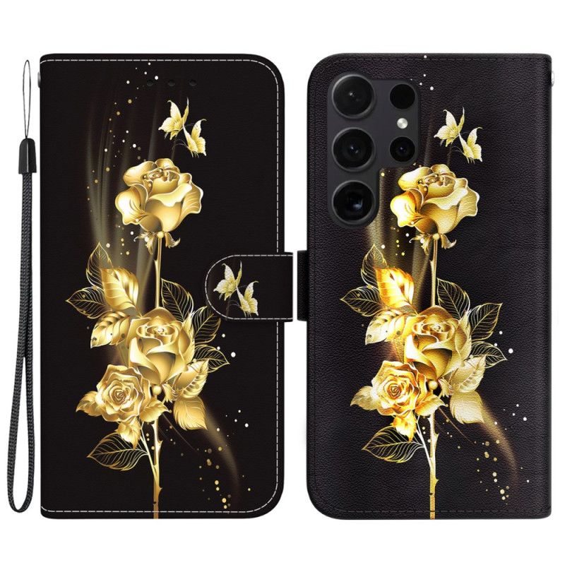 Flip Cover Samsung Galaxy S24 Ultra 5g Guld Sommerfugl Og Rose Med Rem