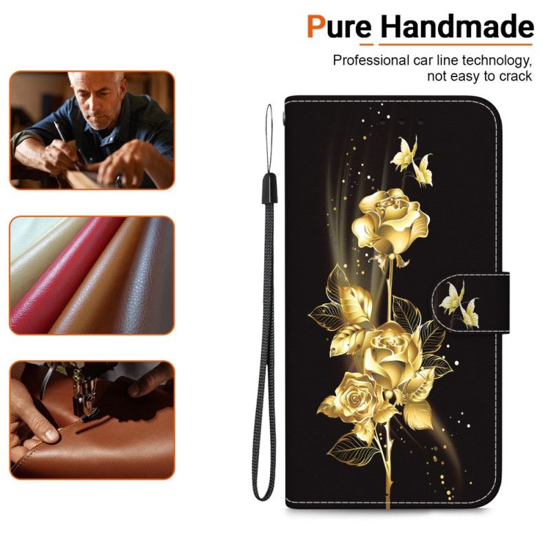 Flip Cover Samsung Galaxy S24 Ultra 5g Guld Sommerfugl Og Rose Med Rem