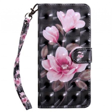 Flip Cover Samsung Galaxy S24 Ultra 5g Lyserøde Blomster På Sort Baggrund Med Rem