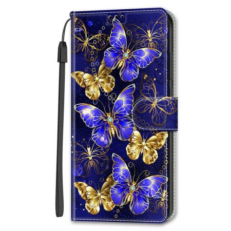 Flip Cover Til Samsung Galaxy S24 Ultra 5g Guld Og Lilla Sommerfugle Med Rem