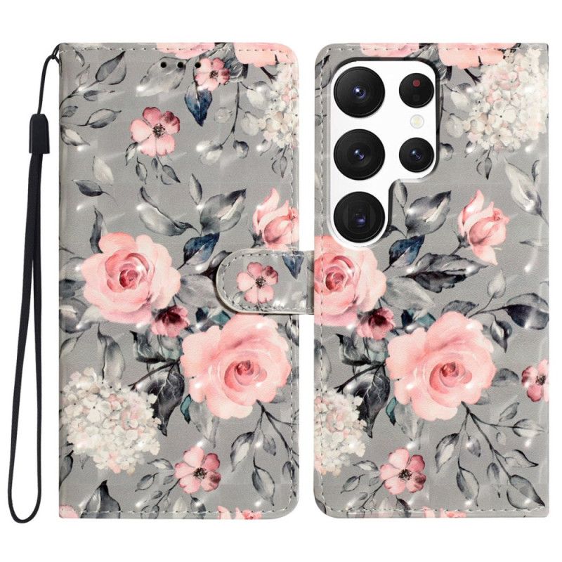 Læder Cover Samsung Galaxy S24 Ultra 5g Blomster Med Rem