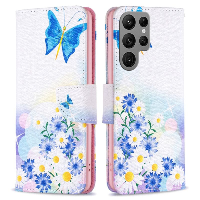 Læder Cover Samsung Galaxy S24 Ultra 5g Telefon Etui Akvarel Sommerfugle