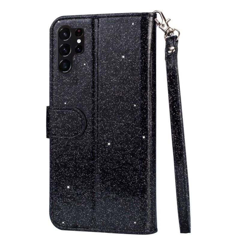 Læder Cover Samsung Galaxy S24 Ultra 5g Telefon Etui Pailletter Og Rem