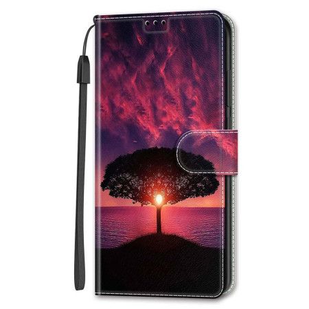 Læder Cover Samsung Galaxy S24 Ultra 5g Telefon Etui Sort Træ Og Solnedgangsrem