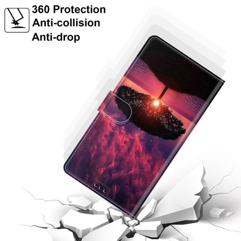 Læder Cover Samsung Galaxy S24 Ultra 5g Telefon Etui Sort Træ Og Solnedgangsrem