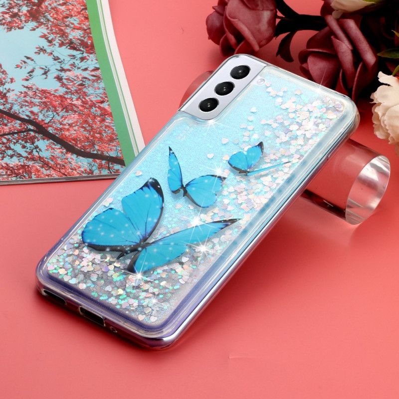 Cover Samsung Galaxy S24 Plus 5g Telefon Etui Blå Sommerfugle Flydende Glitter