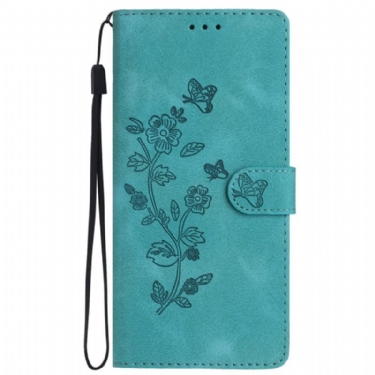 Flip Cover Til Samsung Galaxy S24 Plus 5g Trykte Blomster Og Snor