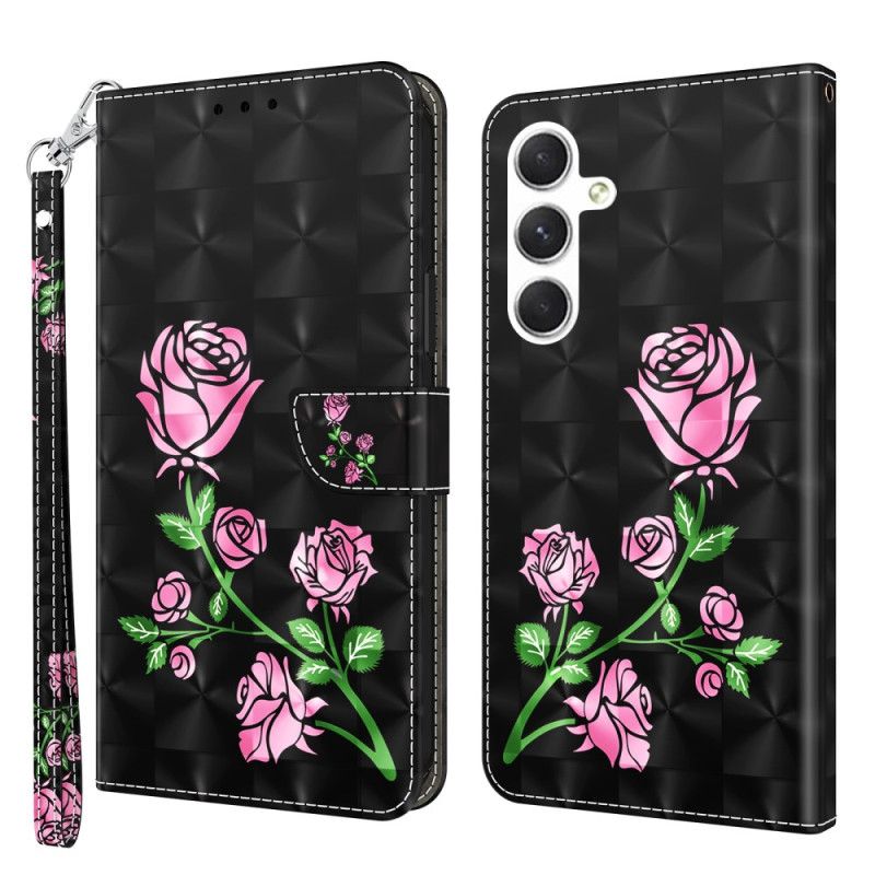 Læder Cover Samsung Galaxy S24 Plus 5g Telefon Etui Lyserøde Blomster Med Rem