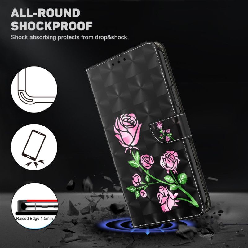 Læder Cover Samsung Galaxy S24 Plus 5g Telefon Etui Lyserøde Blomster Med Rem