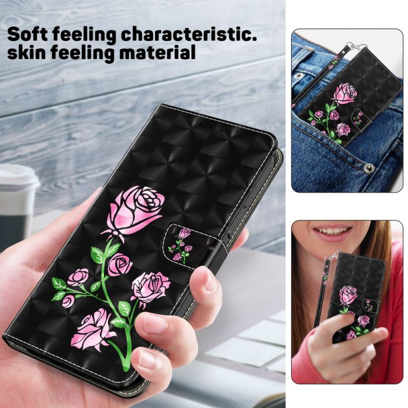 Læder Cover Samsung Galaxy S24 Plus 5g Telefon Etui Lyserøde Blomster Med Rem