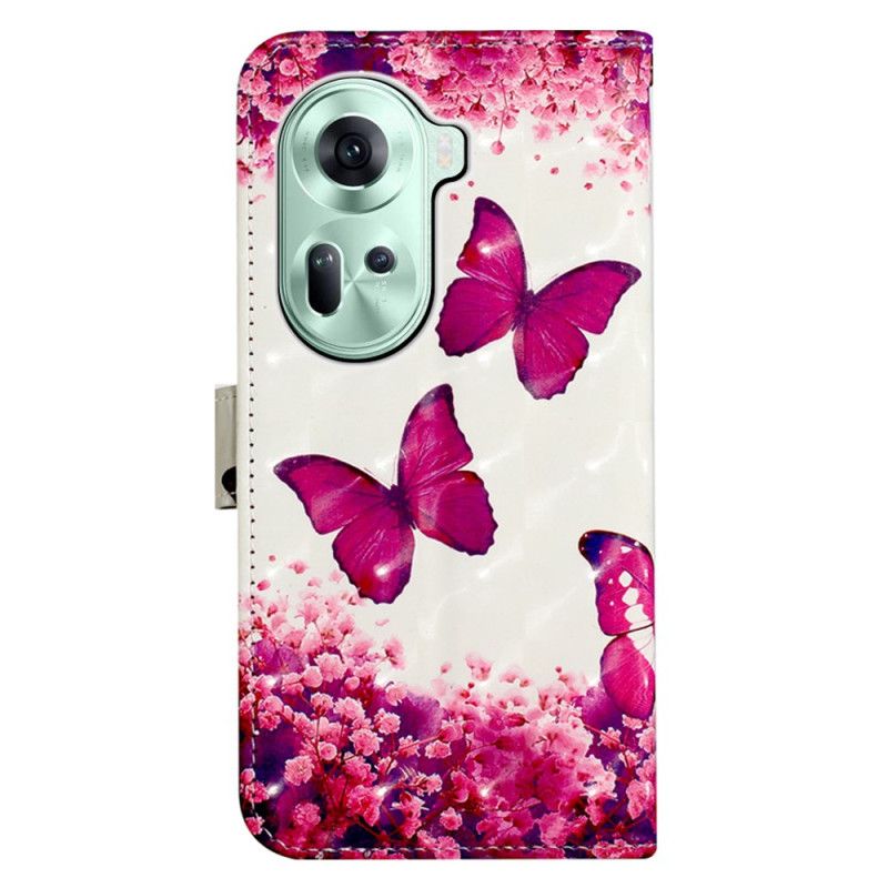 Læder Cover Oppo Reno 11 5g Telefon Etui Pink Sommerfugle