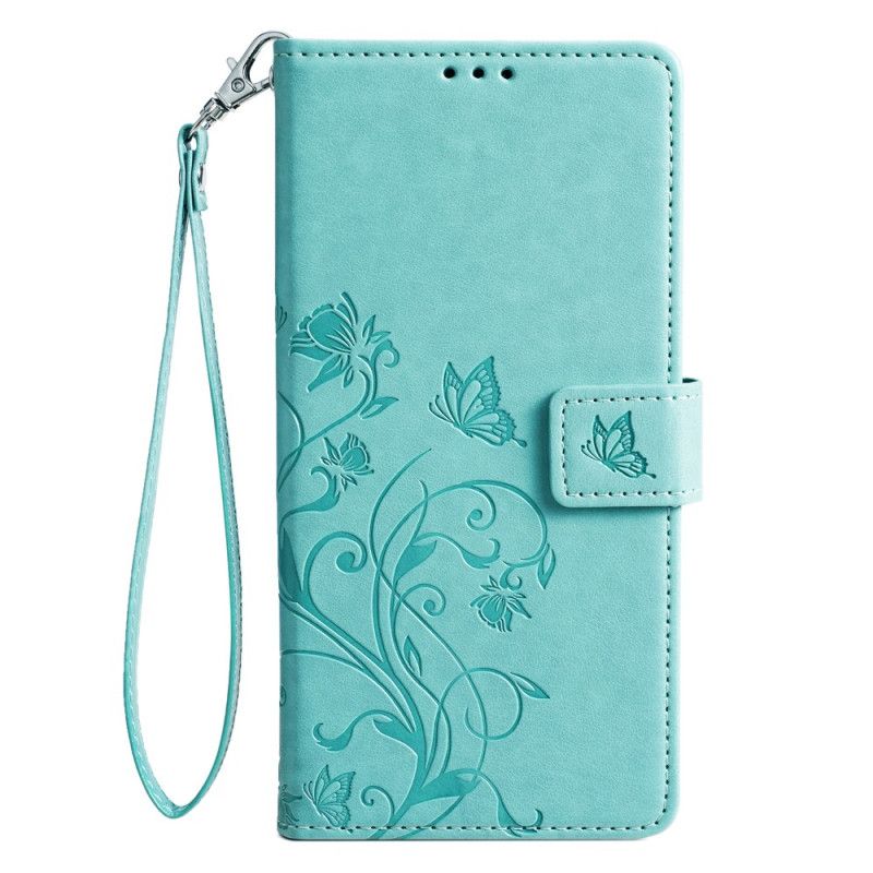 Læder Cover Oppo Reno 11 5g Telefon Etui Sommerfugle Og Blomster Med Rem