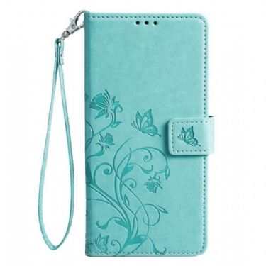 Læder Cover Oppo Reno 11 5g Telefon Etui Sommerfugle Og Blomster Med Rem