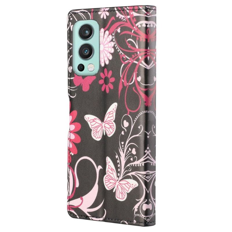 Flip Cover OnePlus Nord 2 5G Hemming Sommerfugle Og Blomster