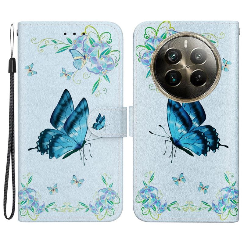 Flip Cover Realme 12 Pro / 12 Pro Plus Blå Sommerfugl Og Blomster Med Rem