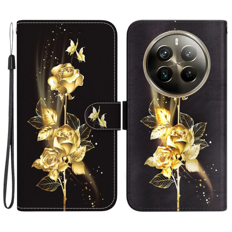 Flip Cover Realme 12 Pro / 12 Pro Plus Guld Og Pink Sommerfugl Med Rem