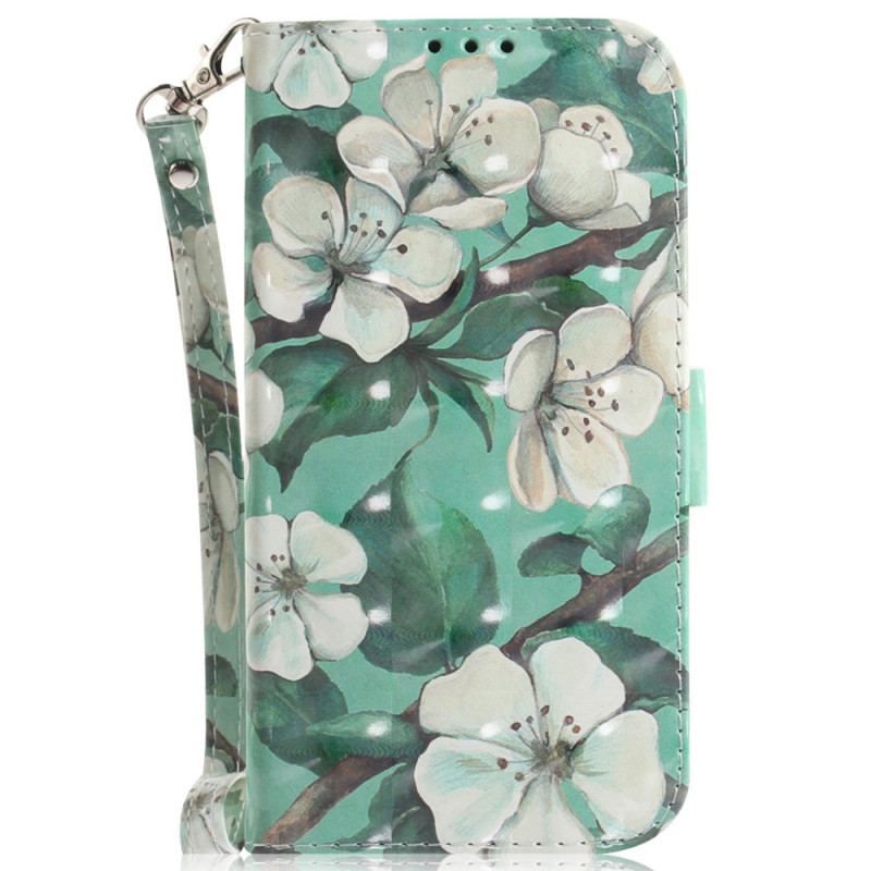 Flip Cover Xiaomi Redmi Note 12 5G Med Snor Strappy Hvide Blomster