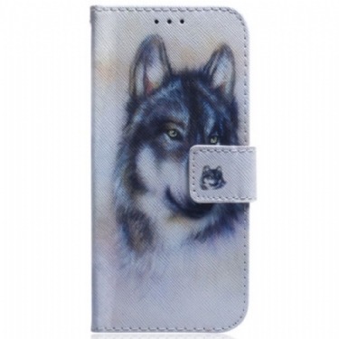 Flip Cover Moto G73 5G Med Snor Strappy Aquarel Wolf