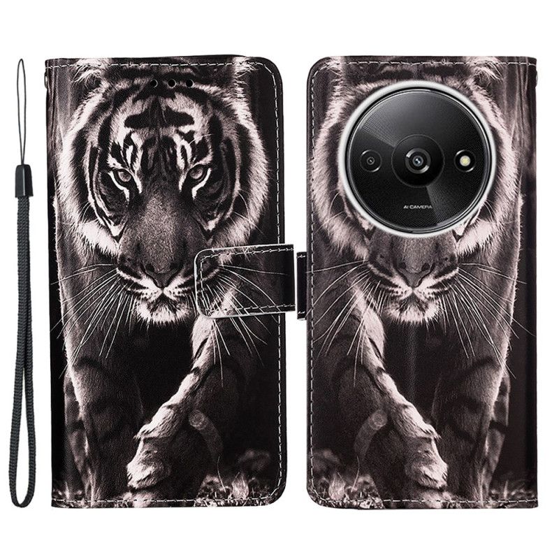 Læder Cover Poco C61 Telefon Etui Tiger Med Rem