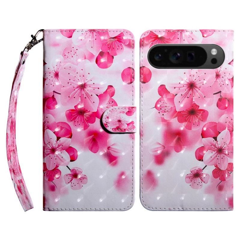 Flip Cover Google Pixel 9 Røde Blomster Med Rem