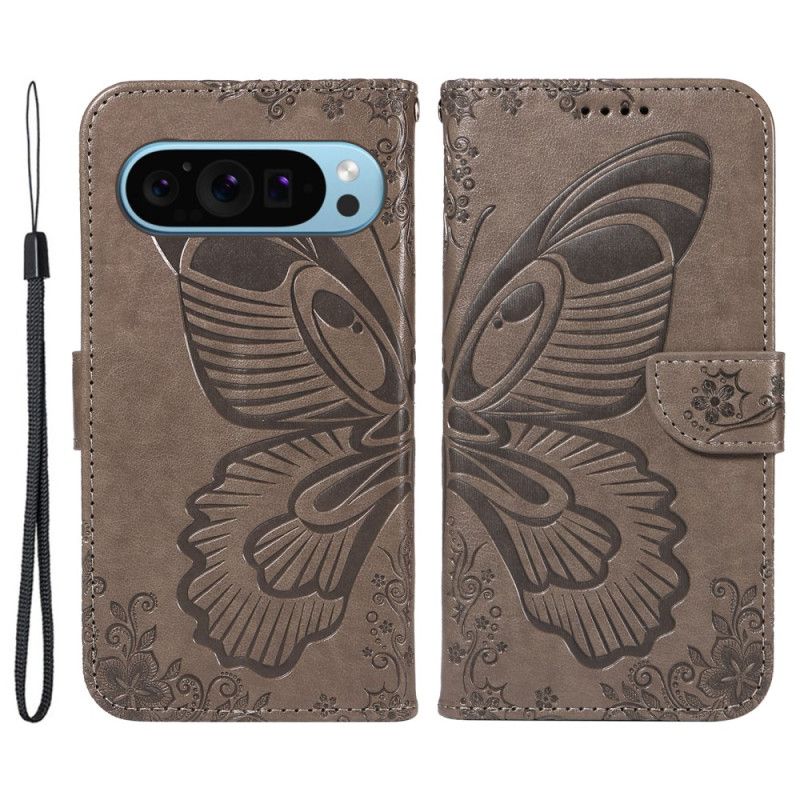 Læder Cover Google Pixel 9 Telefon Etui Butterfly Graphic Lanyard