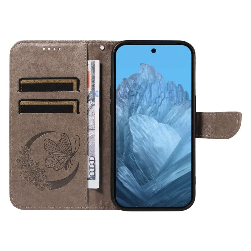 Læder Cover Google Pixel 9 Telefon Etui Butterfly Graphic Lanyard