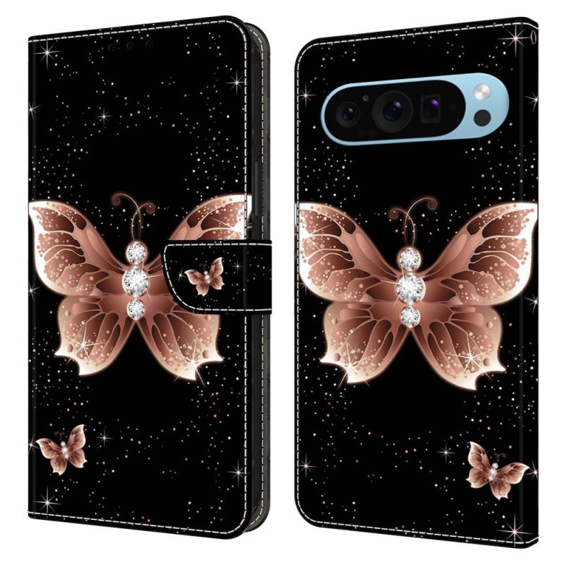 Læder Cover Google Pixel 9 Telefon Etui Pink Diamond Butterfly