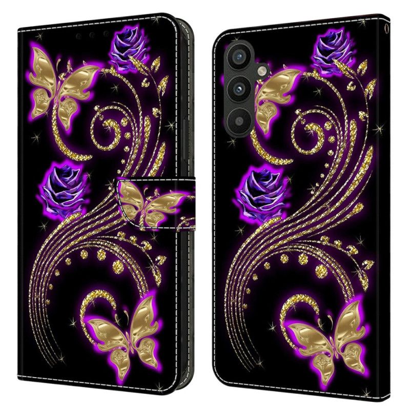 Flip Cover Samsung Galaxy A15 Violette Blomster Og Sommerfugle