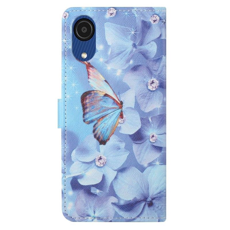 Flip Cover Samsung Galaxy A03 Core Sommerfugl Og Blå Blomster