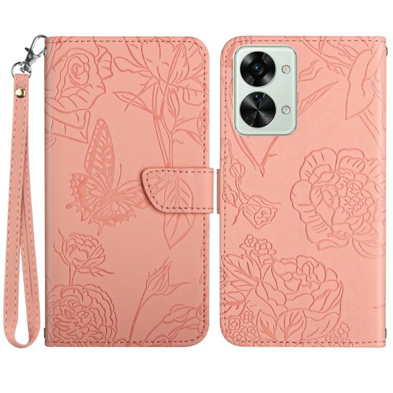 Flip Cover OnePlus Nord 2T 5G Illustration Sommerfugle- Og Blomsterrem