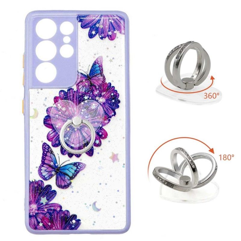 Cover Samsung Galaxy S21 Ultra 5G Lilla Blomster Og Sommerfugle Med Ring