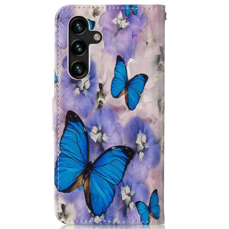 Flip Cover Samsung Galaxy A13 5G Blå Sommerfugle Og Blomster