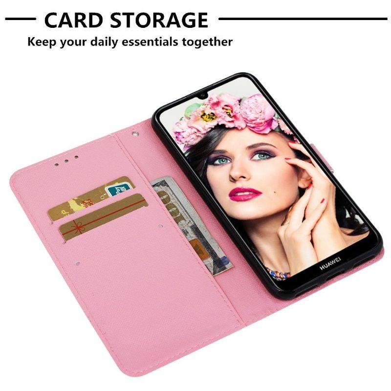 Flip Cover Huawei Y6 2019 Med Snor Lyserød Blomst